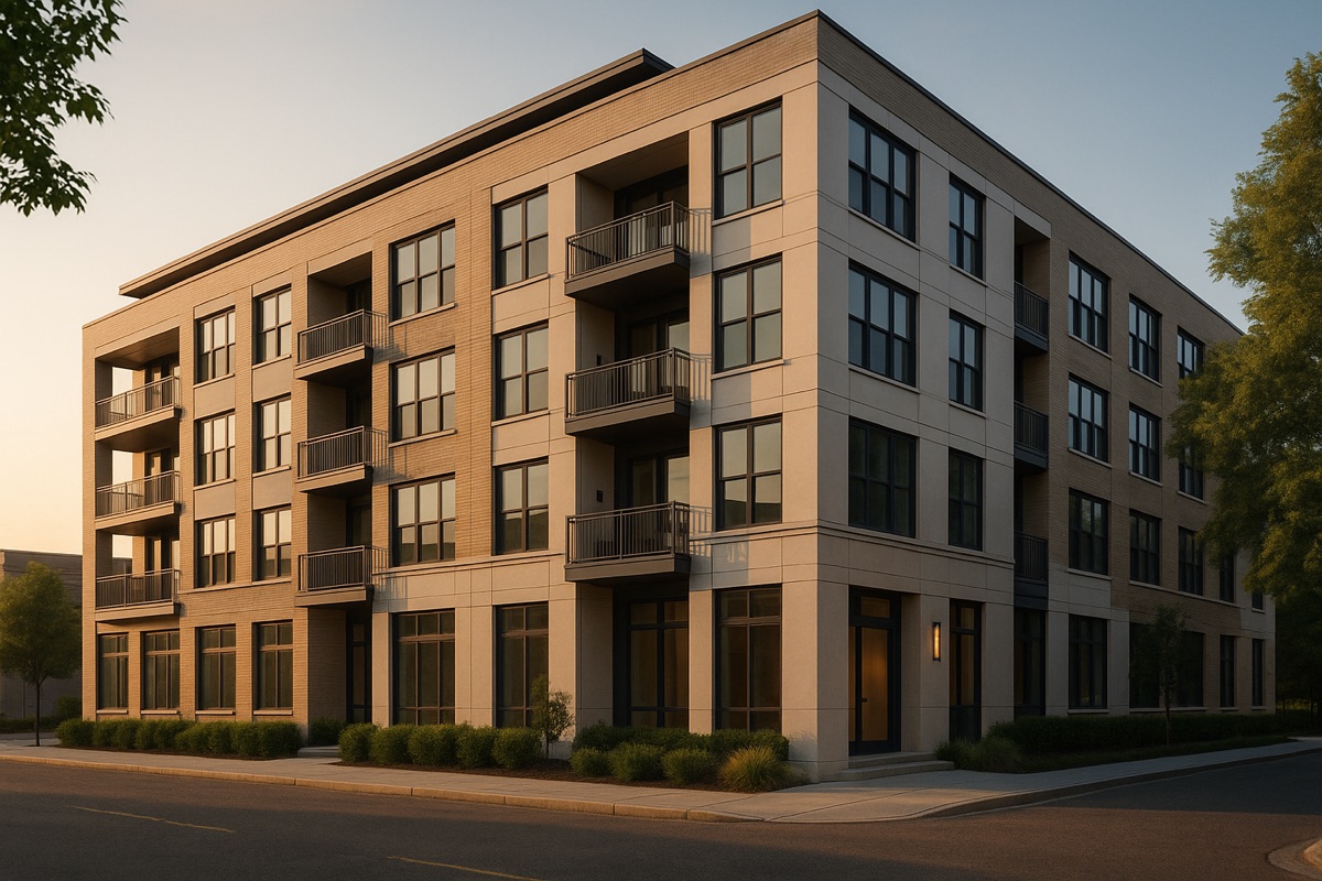Modern apartment building exterior at sunset